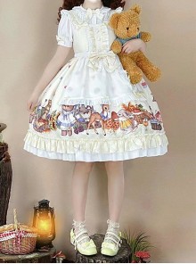 Forest Of Spring Series Cute Animal Pattern Folds Bow Knots Puffed Hem Classic Lolita Sling Dress Set