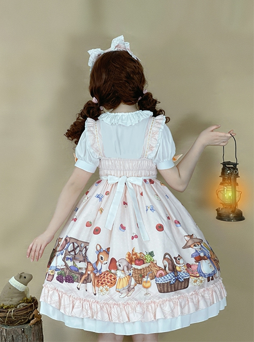 Forest Of Spring Series Cute Animal Pattern Folds Bow Knots Puffed Hem Classic Lolita Sling Dress Set