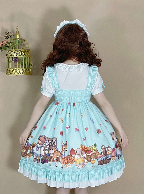 Forest Of Spring Series Cute Animal Pattern Folds Bow Knots Puffed Hem Classic Lolita Sling Dress Set