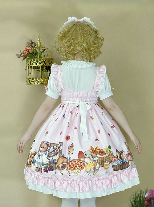 Forest Of Spring Series Cute Animal Pattern Folds Bow Knots Puffed Hem Classic Lolita Sling Dress Set