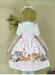 Forest Of Spring Series Cute Animal Pattern Folds Bow Knots Puffed Hem Classic Lolita Sling Dress Set