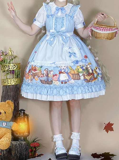 Forest Of Spring Series Cute Animal Pattern Folds Bow Knots Puffed Hem Classic Lolita Sling Dress Set