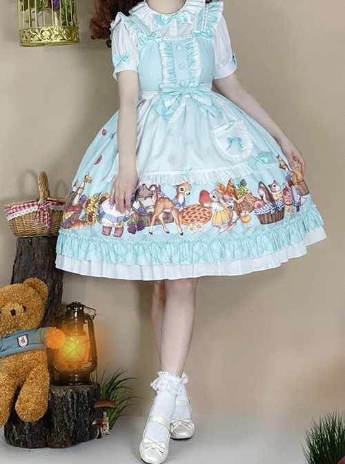 Forest Of Spring Series Cute Animal Pattern Folds Bow Knots Puffed Hem Classic Lolita Sling Dress Set