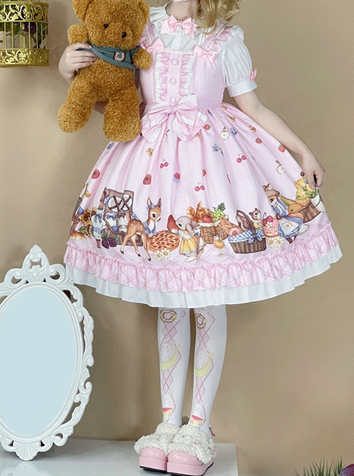 Forest Of Spring Series Cute Animal Pattern Folds Bow Knots Puffed Hem Classic Lolita Sling Dress Set