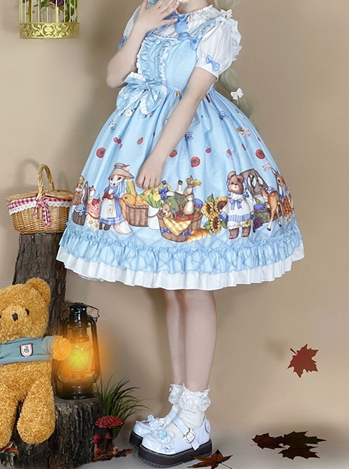 Forest Of Spring Series Cute Animal Pattern Folds Bow Knots Puffed Hem Classic Lolita Sling Dress Set