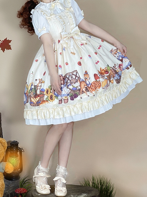 Forest Of Spring Series Cute Animal Pattern Folds Bow Knots Puffed Hem Classic Lolita Sling Dress Set