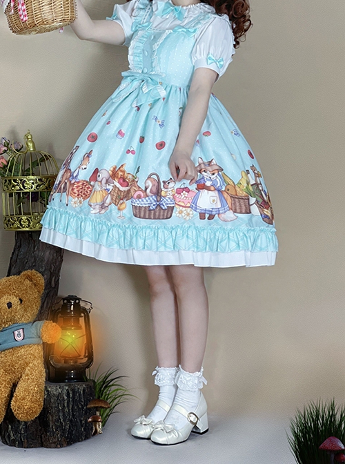 Forest Of Spring Series Cute Animal Pattern Folds Bow Knots Puffed Hem Classic Lolita Sling Dress Set