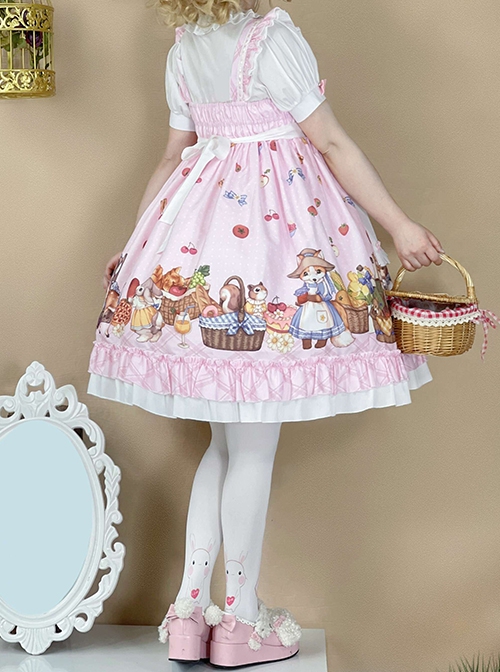 Forest Of Spring Series Cute Animal Pattern Folds Bow Knots Puffed Hem Classic Lolita Sling Dress Set