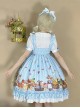 Forest Of Spring Series Cute Animal Pattern Folds Bow Knots Puffed Hem Classic Lolita Sling Dress Set