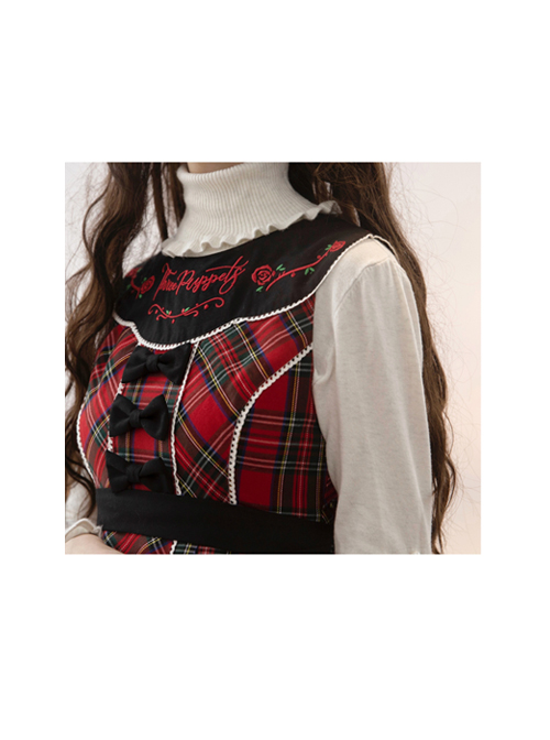 Briar Series JSK Scotland Red Plaid Doll Collar Flower Embroidery Black Bow Knots British Style Classic Lolita Sleeveless Dress