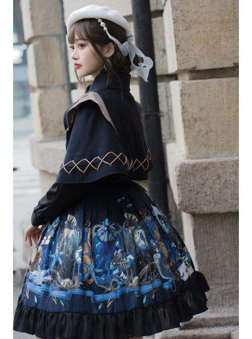 Abyss Series JSK Lace Up Decorate Retro Classic Lolita Autumn Winter Dark Blue Cape