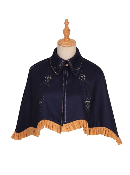 Divine Salvation Series OP Printing Retro Gothic Lolita Dark Blue Lapel Short Cape