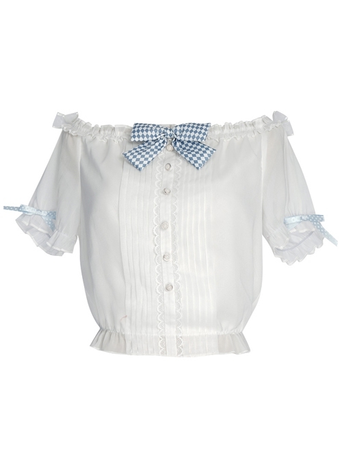 Alice Bunny Series White Off Shoulder Bowknot Sweet Lolita Short Sleeve Shirt