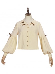 Pastoral Style Doll Collar Bowknot Embellishment Sweet Lolita Apricot Long Sleeve Shirt