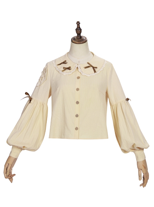 Pastoral Style Doll Collar Bowknot Embellishment Sweet Lolita Apricot Long Sleeve Shirt