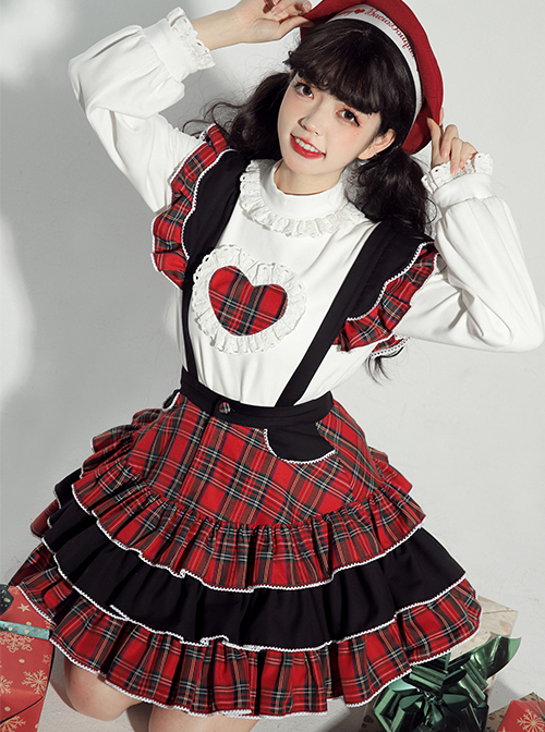 Briar Series SK Scotland Red Plaid Three-Layer Pleated Hem British Style Classic Lolita Suspenders Short Skirt