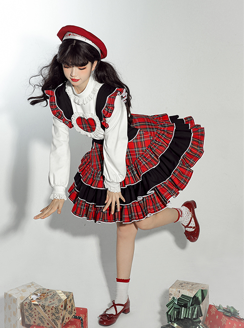 Briar Series SK Scotland Red Plaid Three-Layer Pleated Hem British Style Classic Lolita Suspenders Short Skirt