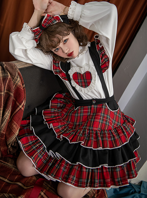 Briar Series SK Scotland Red Plaid Three-Layer Pleated Hem British Style Classic Lolita Suspenders Short Skirt