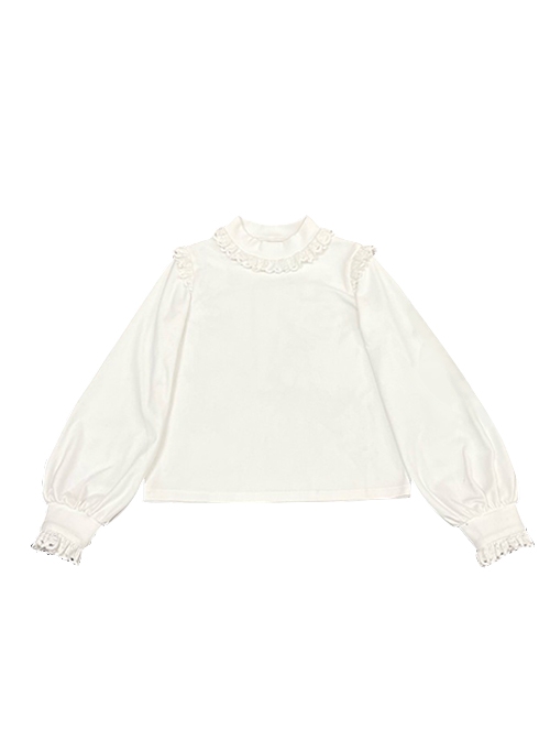 Briar Series White Knit Pleated Lace Long Sleeve Classic Lolita Inner Blouse