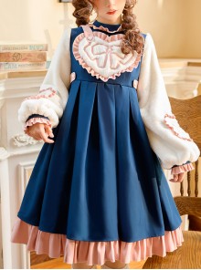 Sweetheart Knot Series OP Dark Blue Folds Plush Heart Shape Bow Pattern Classic Lolita Lantern Long Sleeve Dress