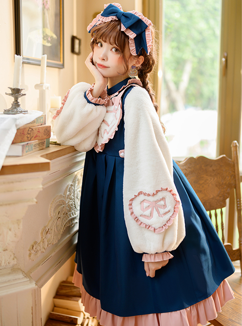 Sweetheart Knot Series OP Dark Blue Folds Plush Heart Shape Bow Pattern Classic Lolita Lantern Long Sleeve Dress