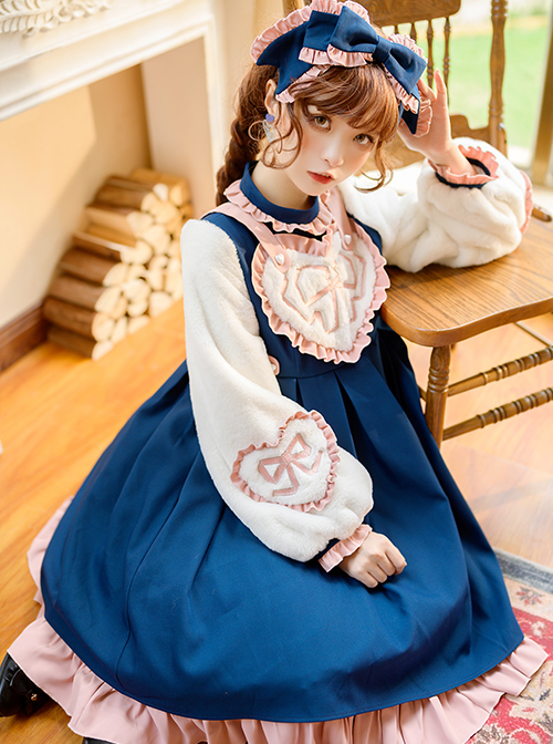 Sweetheart Knot Series OP Dark Blue Folds Plush Heart Shape Bow Pattern Classic Lolita Lantern Long Sleeve Dress