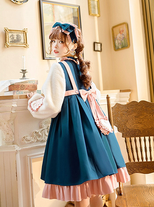 Sweetheart Knot Series OP Dark Blue Folds Plush Heart Shape Bow Pattern Classic Lolita Lantern Long Sleeve Dress