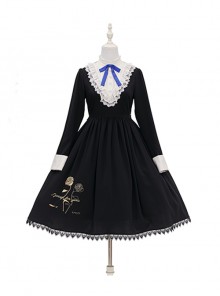 Master Reaper And Black Maid Series OP V-Neck Double Pleated Lace Flower Buttons Gold Rose Embroidery Simple Black Gothic Lolita Long Sleeve Dress