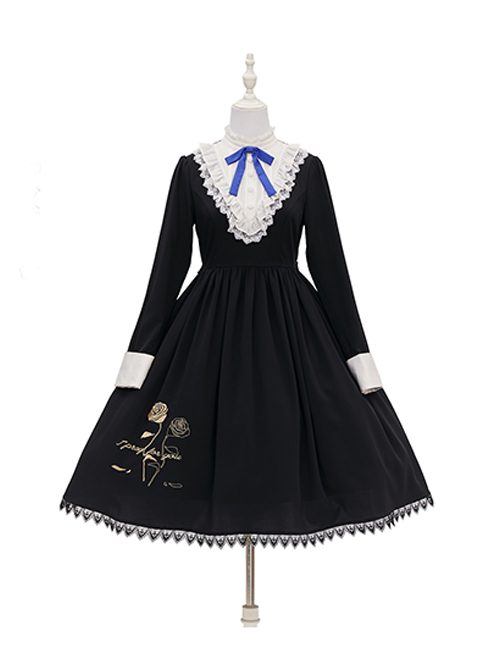 Master Reaper And Black Maid Series OP V-Neck Double Pleated Lace Flower Buttons Gold Rose Embroidery Simple Black Gothic Lolita Long Sleeve Dress