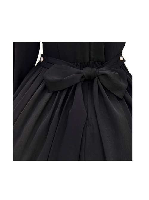 Master Reaper And Black Maid Series OP V-Neck Double Pleated Lace Flower Buttons Gold Rose Embroidery Simple Black Gothic Lolita Long Sleeve Dress