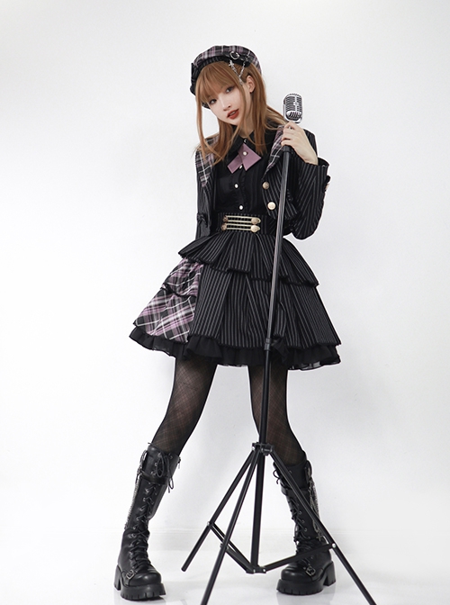 Idol.Q Series Simple Thin Stripes Large Neckline Plaid Decoration Metal Buttons Bow Knot Short Long Sleeve Classic Lolita Coat