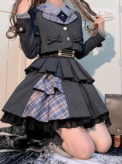 Idol.Q Series Simple Thin Stripes Large Neckline Plaid Decoration Metal Buttons Bow Knot Short Long Sleeve Classic Lolita Coat