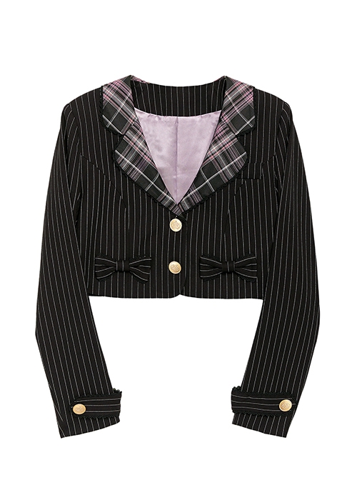 Idol.Q Series Simple Thin Stripes Large Neckline Plaid Decoration Metal Buttons Bow Knot Short Long Sleeve Classic Lolita Coat