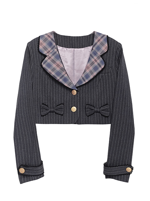 Idol.Q Series Simple Thin Stripes Large Neckline Plaid Decoration Metal Buttons Bow Knot Short Long Sleeve Classic Lolita Coat