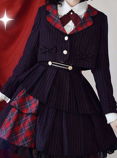 Idol.Q Series Simple Thin Stripes Large Neckline Plaid Decoration Metal Buttons Bow Knot Short Long Sleeve Classic Lolita Coat