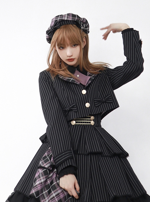 Idol.Q Series Simple Thin Stripes Large Neckline Plaid Decoration Metal Buttons Bow Knot Short Long Sleeve Classic Lolita Coat