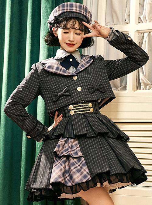 Idol.Q Series Simple Thin Stripes Large Neckline Plaid Decoration Metal Buttons Bow Knot Short Long Sleeve Classic Lolita Coat