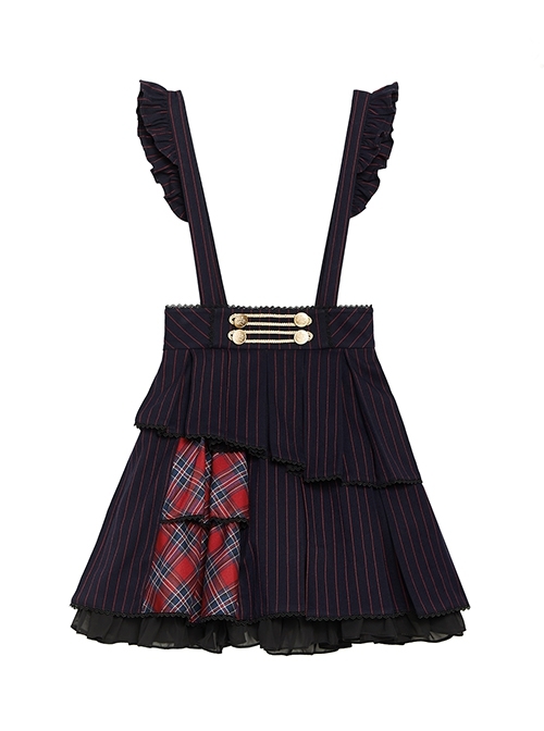 Idol.Q Series SK Striped Double Pleated Hem Patchwork Check Fabric Metal Double-Breasted Trim Classic Lolita Short Strap Dress