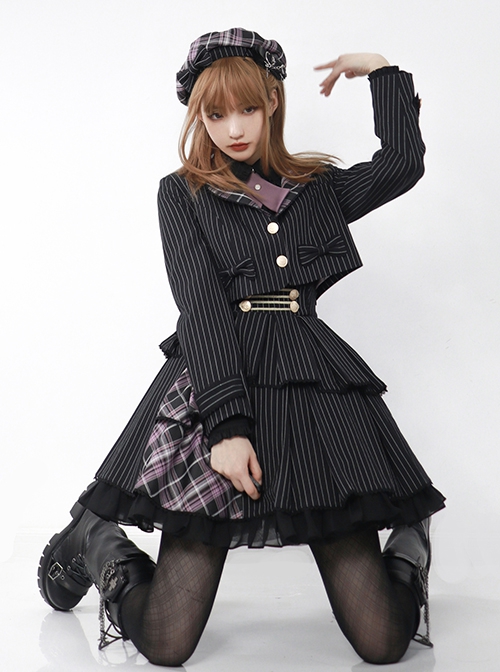 Idol.Q Series SK Striped Double Pleated Hem Patchwork Check Fabric Metal Double-Breasted Trim Classic Lolita Short Strap Dress