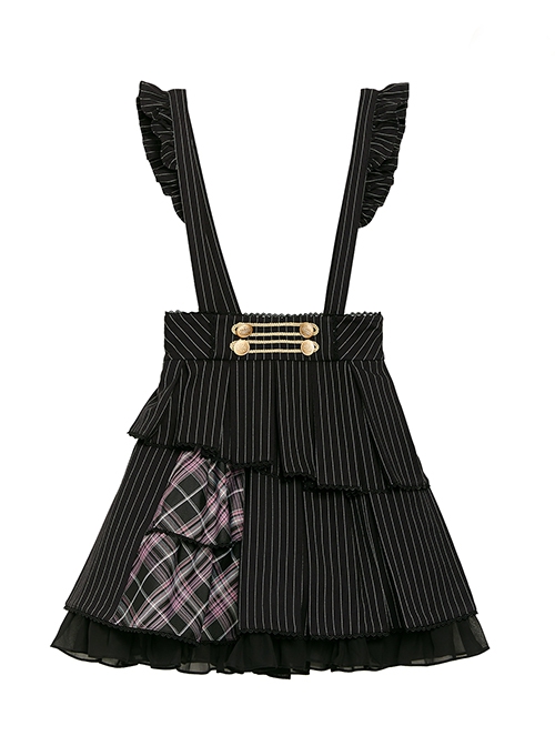 Idol.Q Series SK Striped Double Pleated Hem Patchwork Check Fabric Metal Double-Breasted Trim Classic Lolita Short Strap Dress