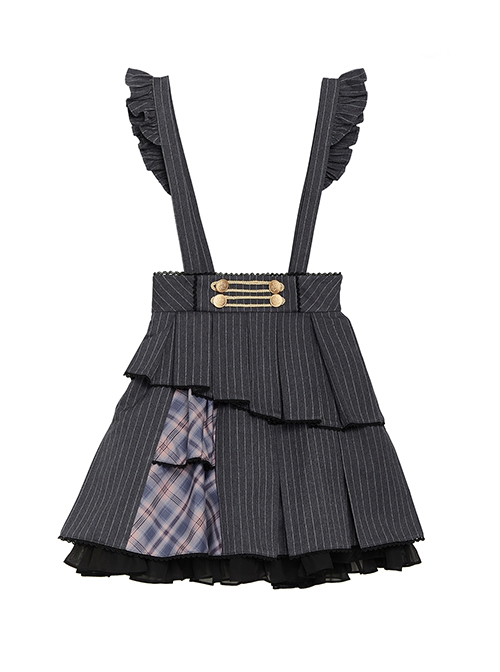 Idol.Q Series SK Striped Double Pleated Hem Patchwork Check Fabric Metal Double-Breasted Trim Classic Lolita Short Strap Dress