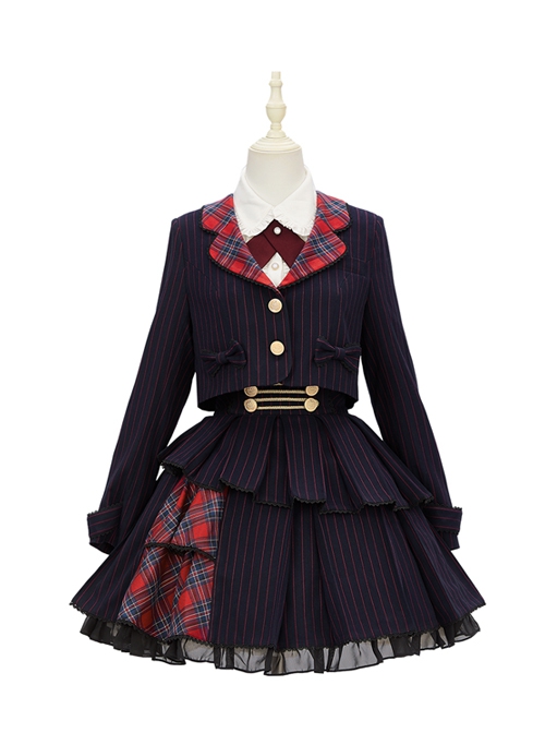 Idol.Q Series SK Striped Double Pleated Hem Patchwork Check Fabric Metal Double-Breasted Trim Classic Lolita Short Strap Dress