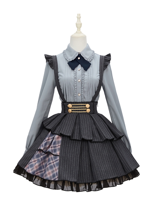 Idol.Q Series SK Striped Double Pleated Hem Patchwork Check Fabric Metal Double-Breasted Trim Classic Lolita Short Strap Dress