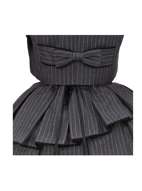 Idol.Q Series SK Striped Double Pleated Hem Patchwork Check Fabric Metal Double-Breasted Trim Classic Lolita Short Strap Dress