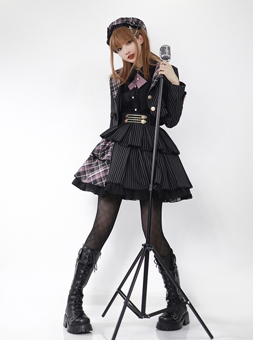 Idol.Q Series SK Striped Double Pleated Hem Patchwork Check Fabric Metal Double-Breasted Trim Classic Lolita Long Strap Dress