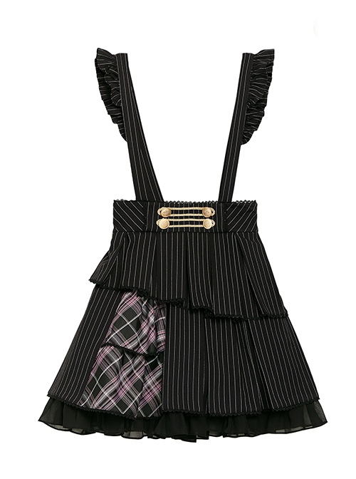 Idol.Q Series SK Striped Double Pleated Hem Patchwork Check Fabric Metal Double-Breasted Trim Classic Lolita Long Strap Dress