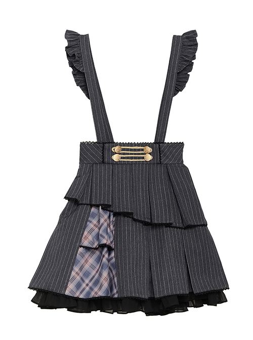 Idol.Q Series SK Striped Double Pleated Hem Patchwork Check Fabric Metal Double-Breasted Trim Classic Lolita Long Strap Dress