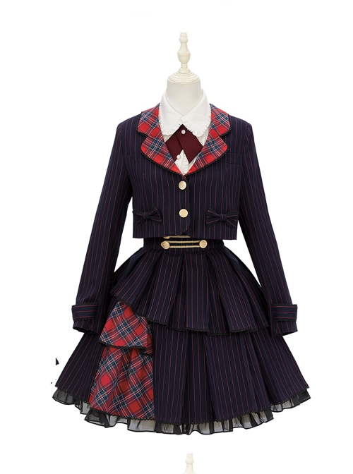 Idol.Q Series SK Striped Double Pleated Hem Patchwork Check Fabric Metal Double-Breasted Trim Classic Lolita Long Strap Dress