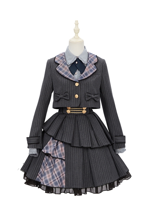 Idol.Q Series SK Striped Double Pleated Hem Patchwork Check Fabric Metal Double-Breasted Trim Classic Lolita Long Strap Dress