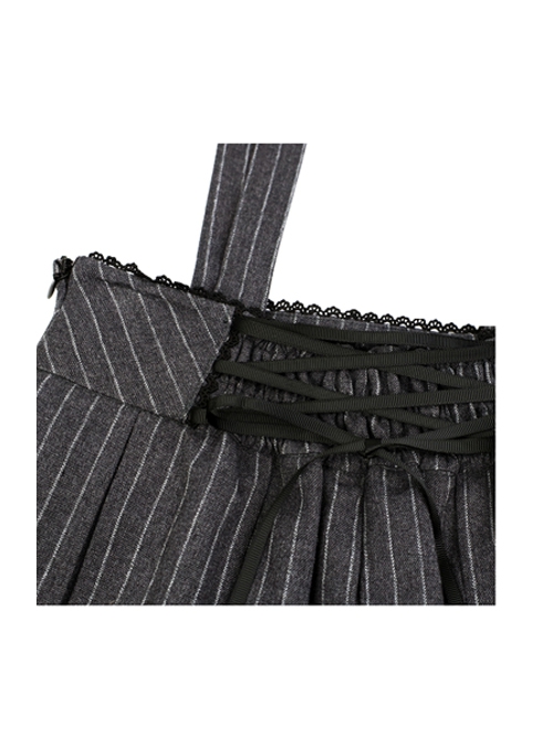 Idol.Q Series SK Striped Double Pleated Hem Patchwork Check Fabric Metal Double-Breasted Trim Classic Lolita Long Strap Dress